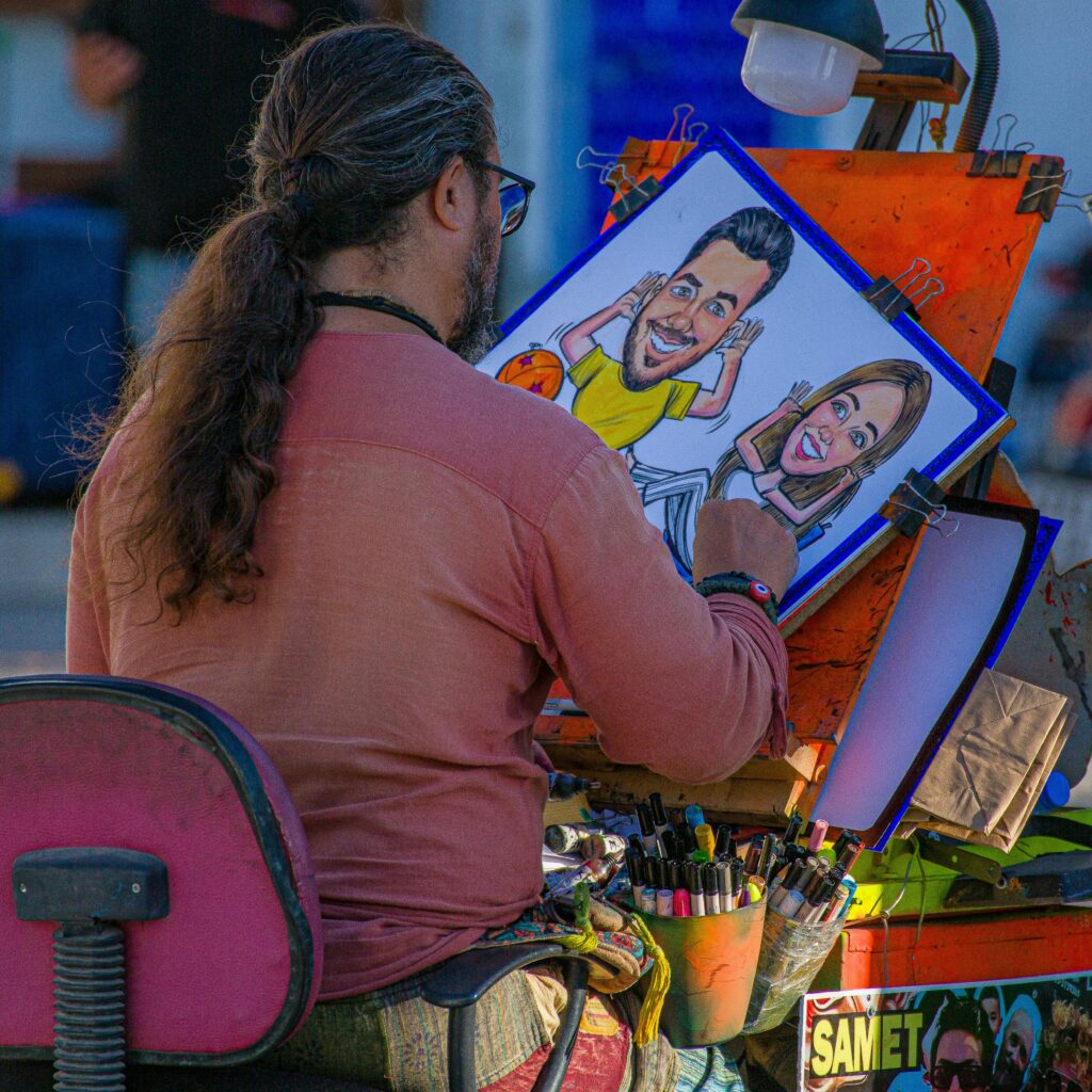 Caricature artist drawing at an event